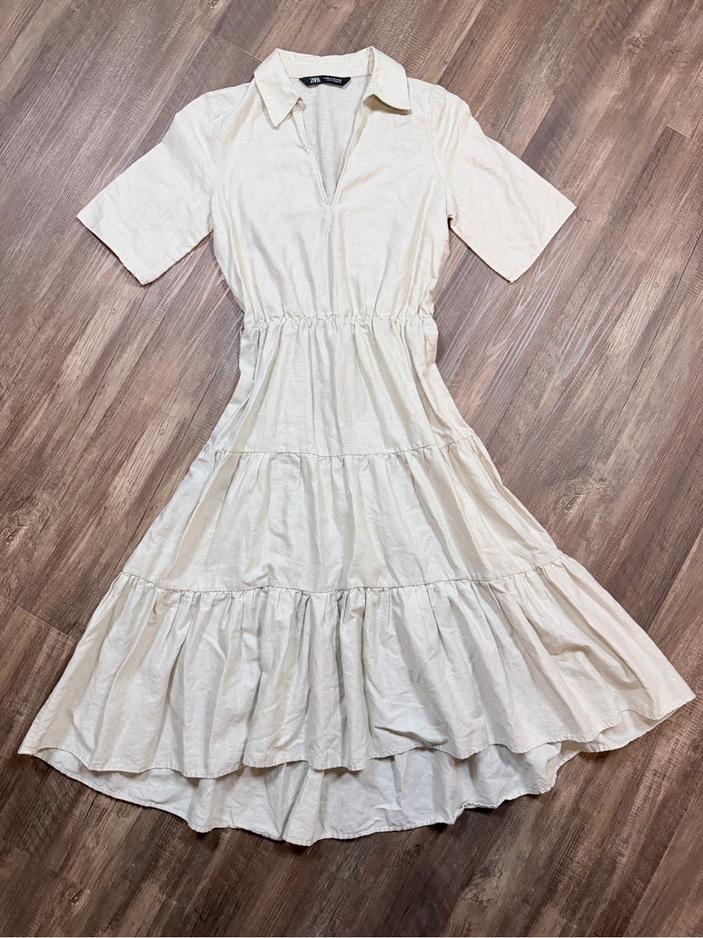 Zara Cream Linen Cotton Tiered Midi Shirt Dress | XS | Like New